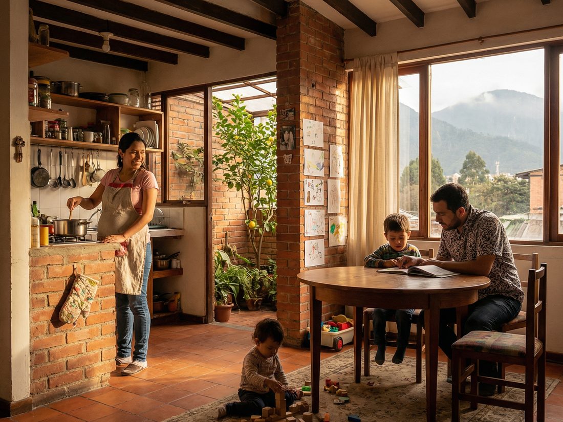 Interior de una casa de desarrollo progresivo ampliada durante décadas