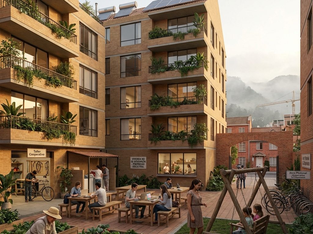Patio cooperativo con huerta, juego y vivienda alrededor