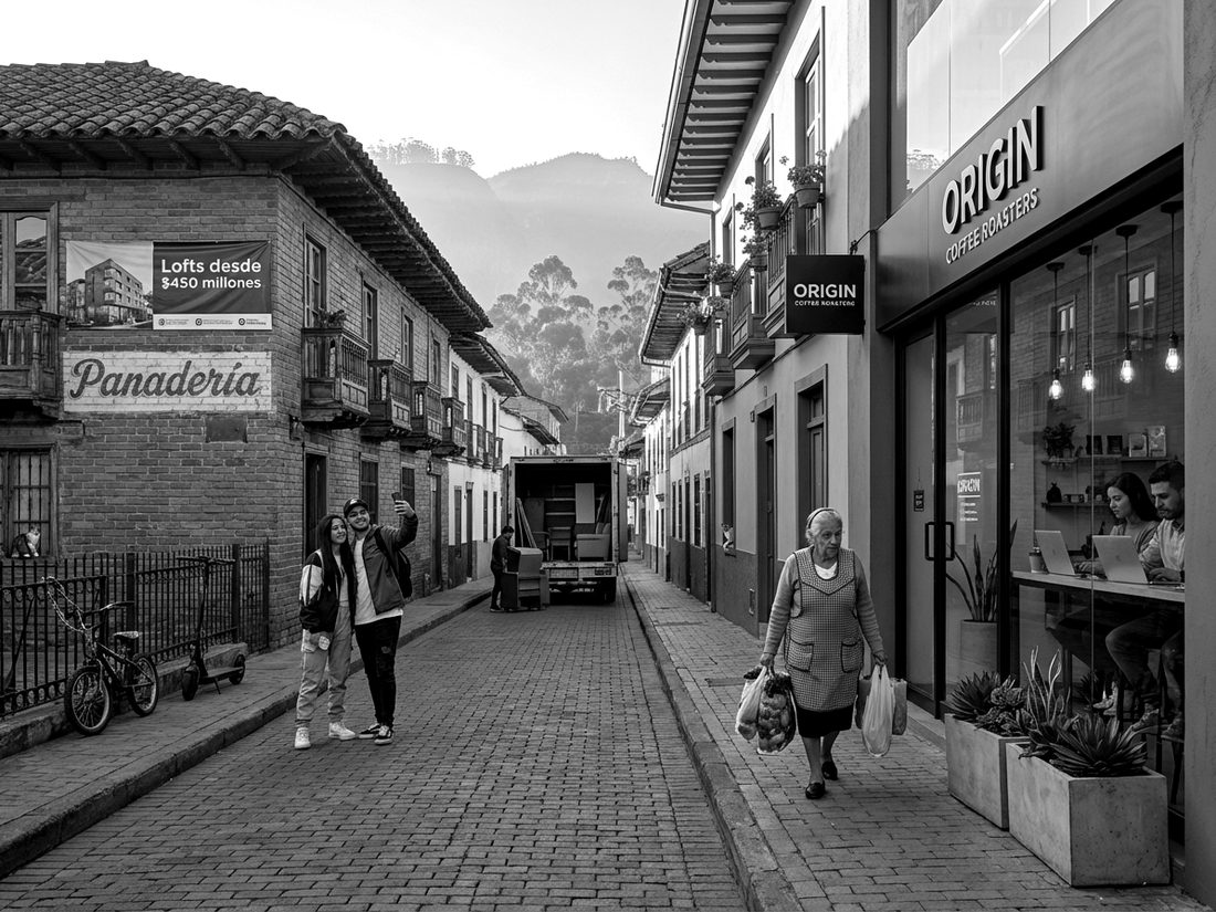 Calle de barrio tradicional en transición, con edificios nuevos junto a casas antiguas